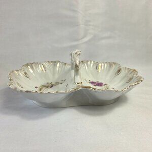 Antique KPM Germany Divided Porcelain Dish with Handle Purple Floral Gold Trim